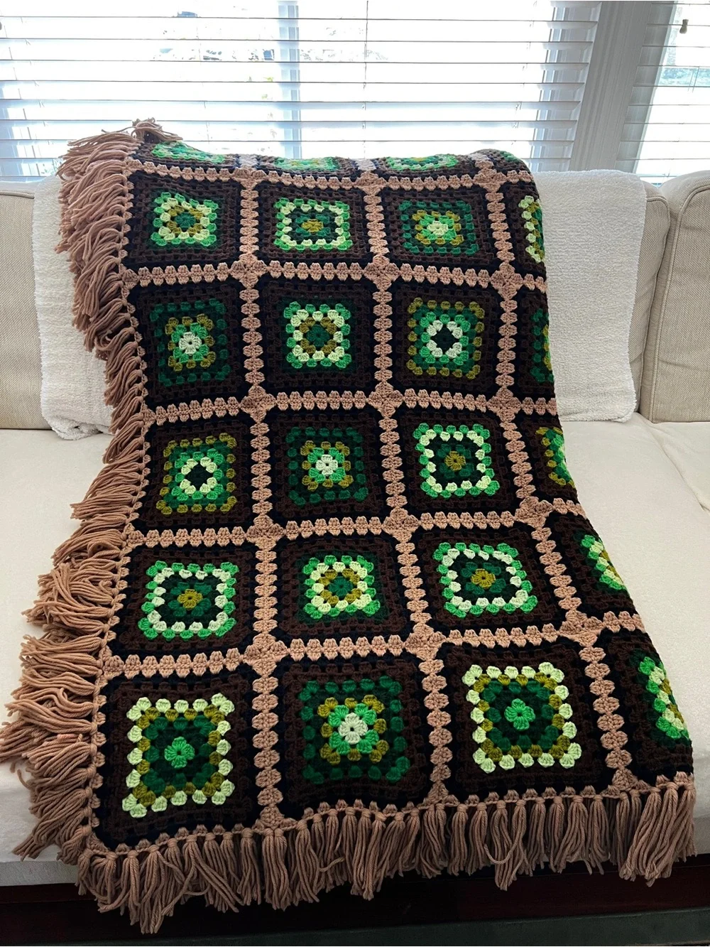 Vintage Crochet Afghan Blanket With Fringe Quilt Granny Size 110